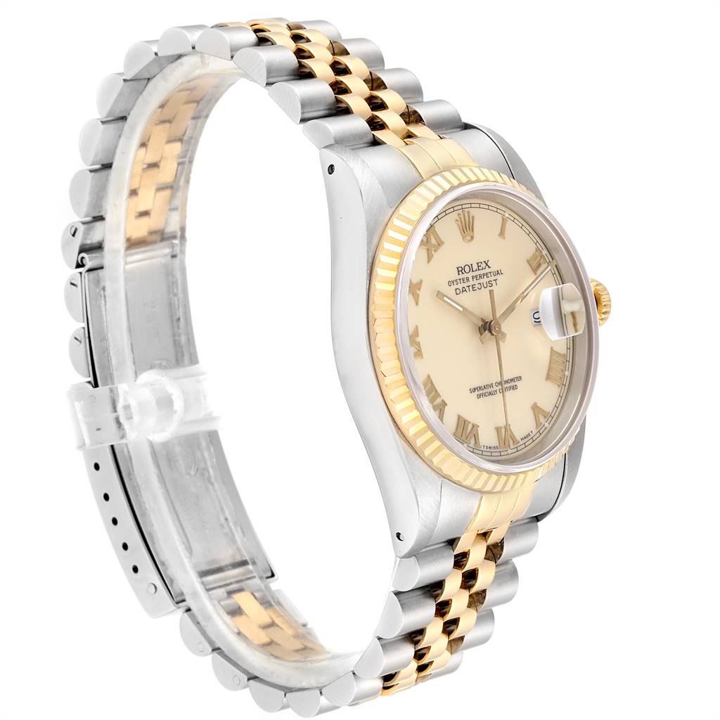 The image shows a Rolex Datejust 16233 Men
s Steel and Gold (two tone) Beige Dial 16233 Men
s Steel and Gold (two tone) Beige Dial watch at a right side angle, highlighting its face, bezel, and two-tone bracelet.