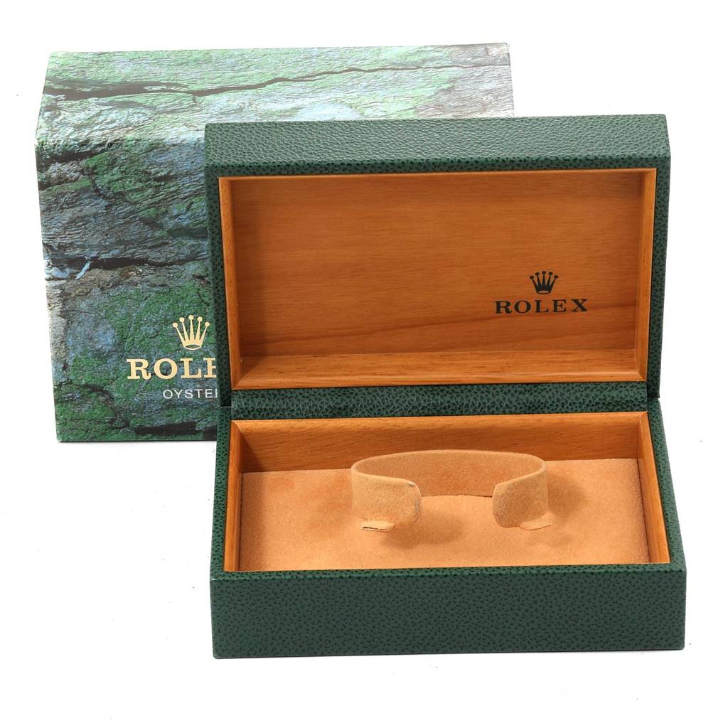 This image shows an open Rolex Datejust 16233 Men
s Steel and Gold (two tone) Beige Dial 16233 Men
s Steel and Gold (two tone) Beige Dial watch box with the Rolex brand name inside.