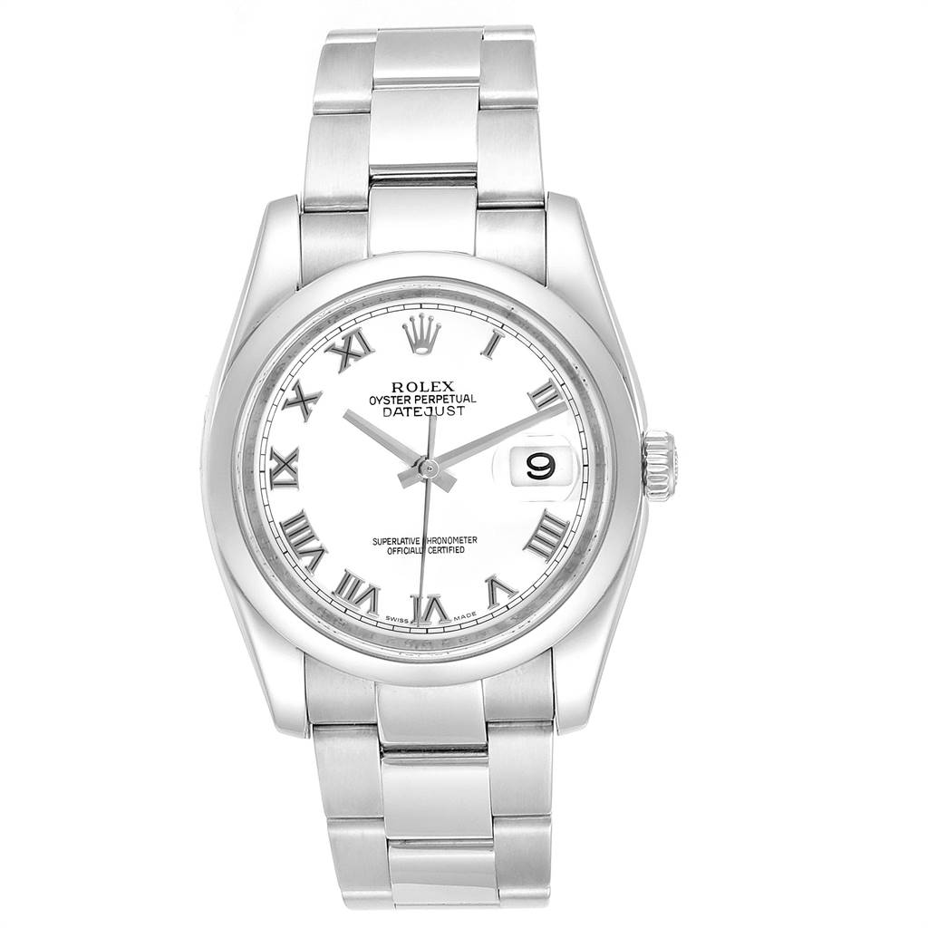 This image shows a frontal view of a Rolex Datejust 116200 Men's Stainless Steel White Dial 116200 Men's Stainless Steel White Dial watch, highlighting its dial, bezel, and bracelet.
