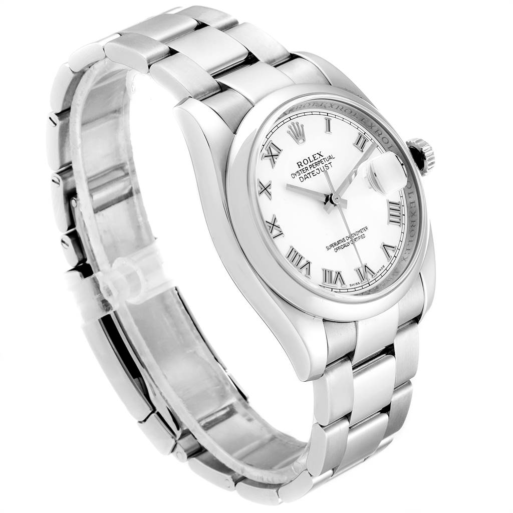 The image shows a Rolex Datejust 116200 Men's Stainless Steel White Dial 116200 Men's Stainless Steel White Dial watch at a slight side angle, highlighting its stainless steel bracelet, white dial, and Roman numeral markers.