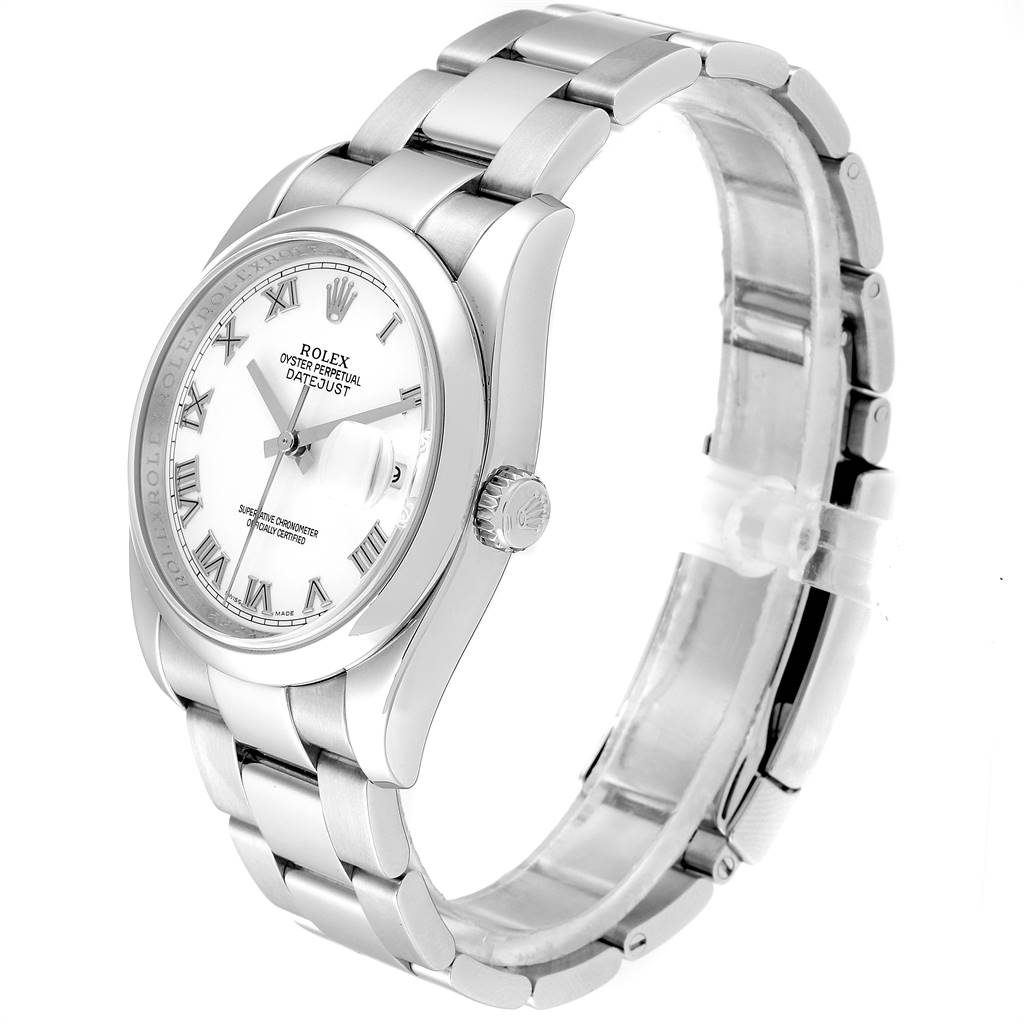 This image shows a side angle of a Rolex Datejust 116200 Men's Stainless Steel White Dial 116200 Men's Stainless Steel White Dial watch, highlighting its bracelet, case, bezel, dial, and crown.