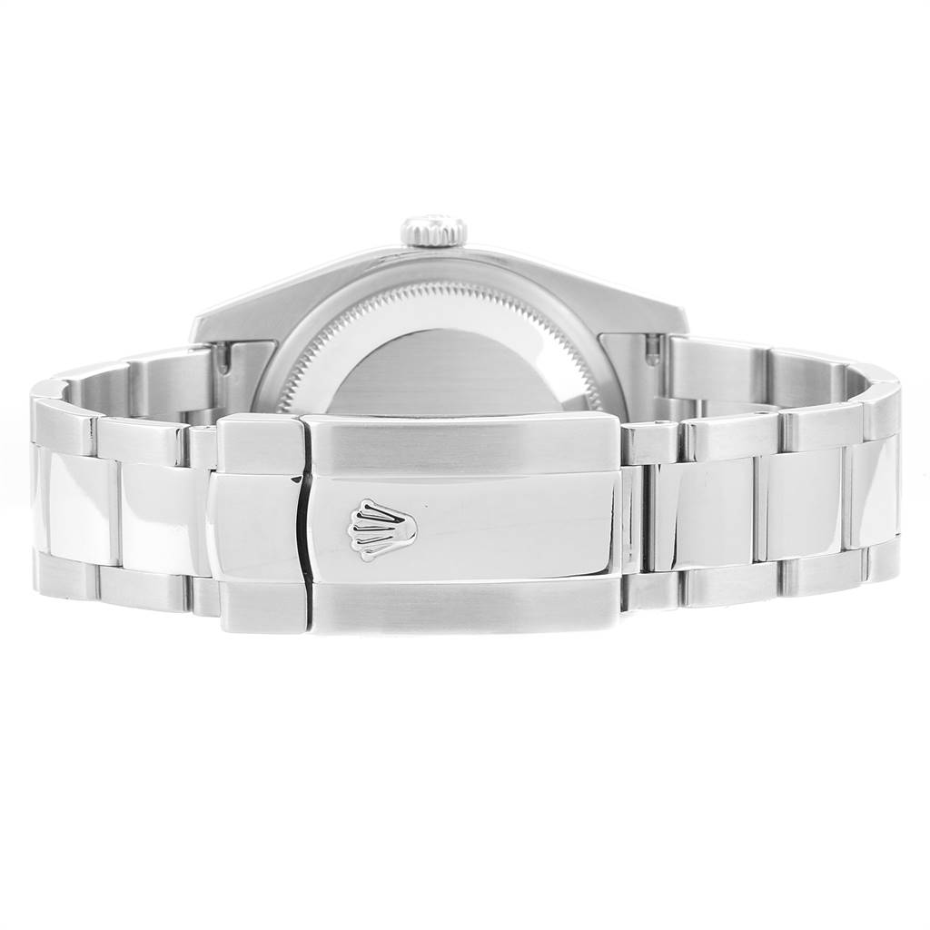 The image shows the back view of a Rolex Datejust 116200 Men's Stainless Steel White Dial 116200 Men's Stainless Steel White Dial watch, focusing on the clasp and part of the bracelet.