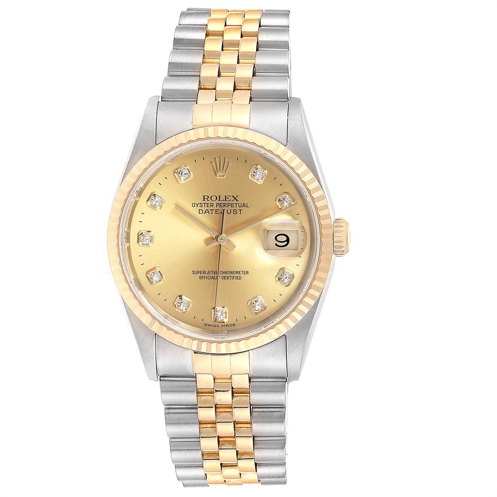 The image shows a Rolex Datejust 16233 Men
s Steel and Gold (two tone) Champagne Dial 16233 Men
s Steel and Gold (two tone) Champagne Dial watch from a front angle, displaying its dial, bezel, hands, date window, and bracelet.
