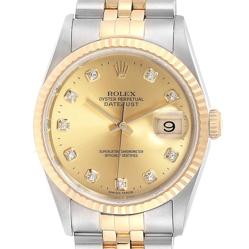 Rolex Datejust Steel 18K Yellow Gold Diamond Dial Mens Watch 16233 ...