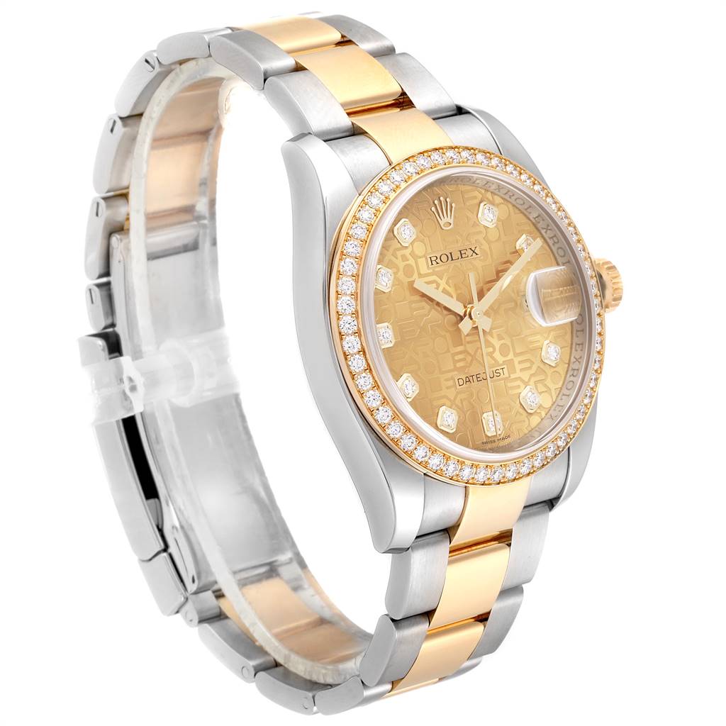 The Rolex Datejust 116243 Men's Steel and Gold (two tone) Champagne Dial 116243 Men's Steel and Gold (two tone) Champagne Dial watch is shown at a right front angle, highlighting the dial, bezel, crown, and two-tone bracelet.