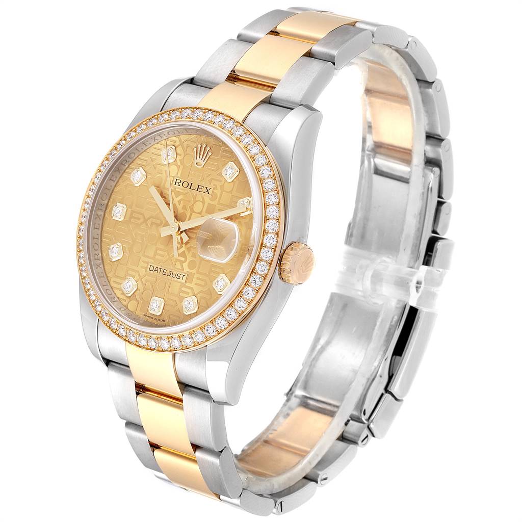 The image shows a Rolex Datejust 116243 Men's Steel and Gold (two tone) Champagne Dial 116243 Men's Steel and Gold (two tone) Champagne Dial watch at an angle highlighting its bracelet, bezel, dial, and crown.