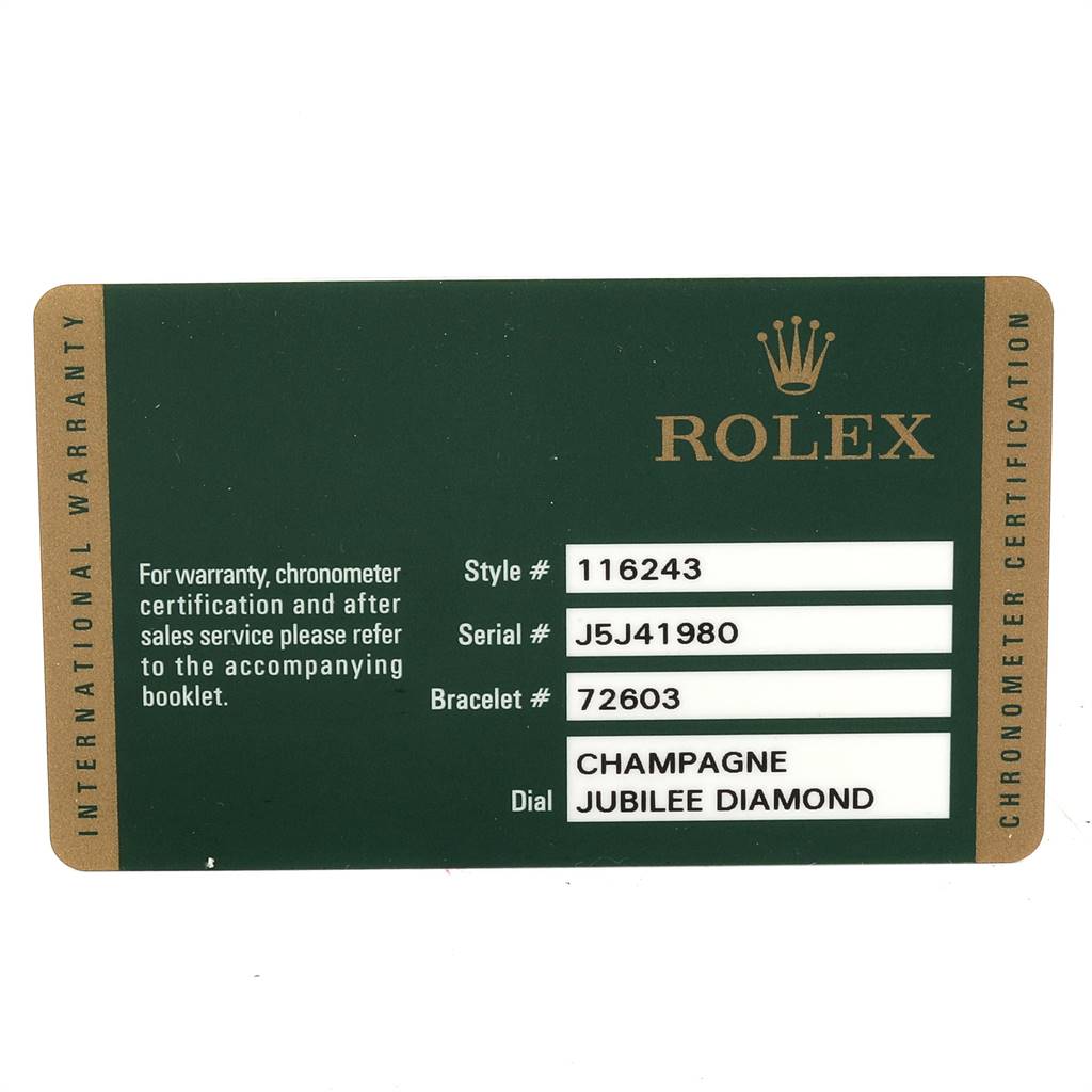 This image shows the warranty card for a Rolex Datejust 116243 Men's Steel and Gold (two tone) Champagne Dial 116243 Men's Steel and Gold (two tone) Champagne Dial, detailing the style, serial, bracelet numbers, and dial type.