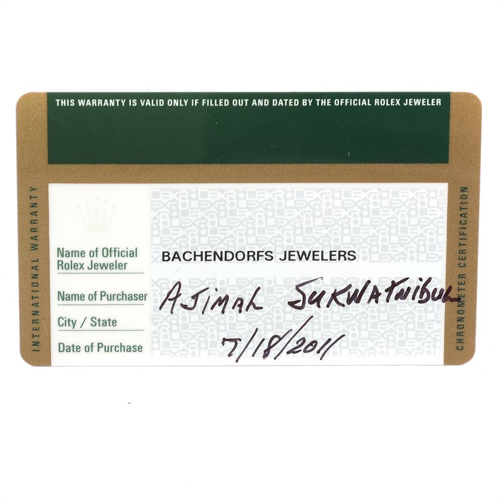 This is an international warranty card for a Datejust model by Rolex, showing its official jeweler and purchaser details.