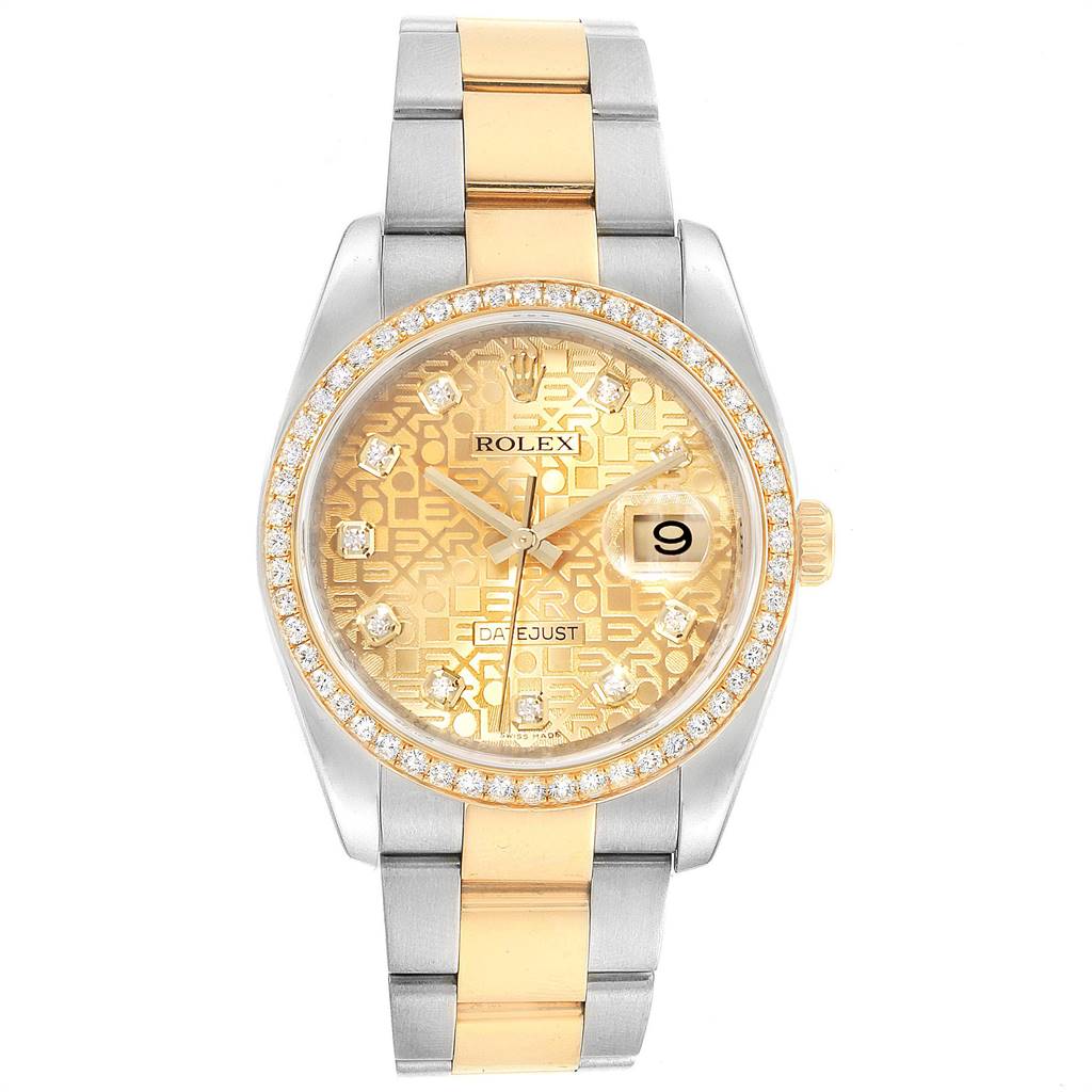 This image shows a front view of a Rolex Datejust 116243 Men's Steel and Gold (two tone) Champagne Dial 116243 Men's Steel and Gold (two tone) Champagne Dial watch, featuring a gold and silver tone with diamond accents and a date display.