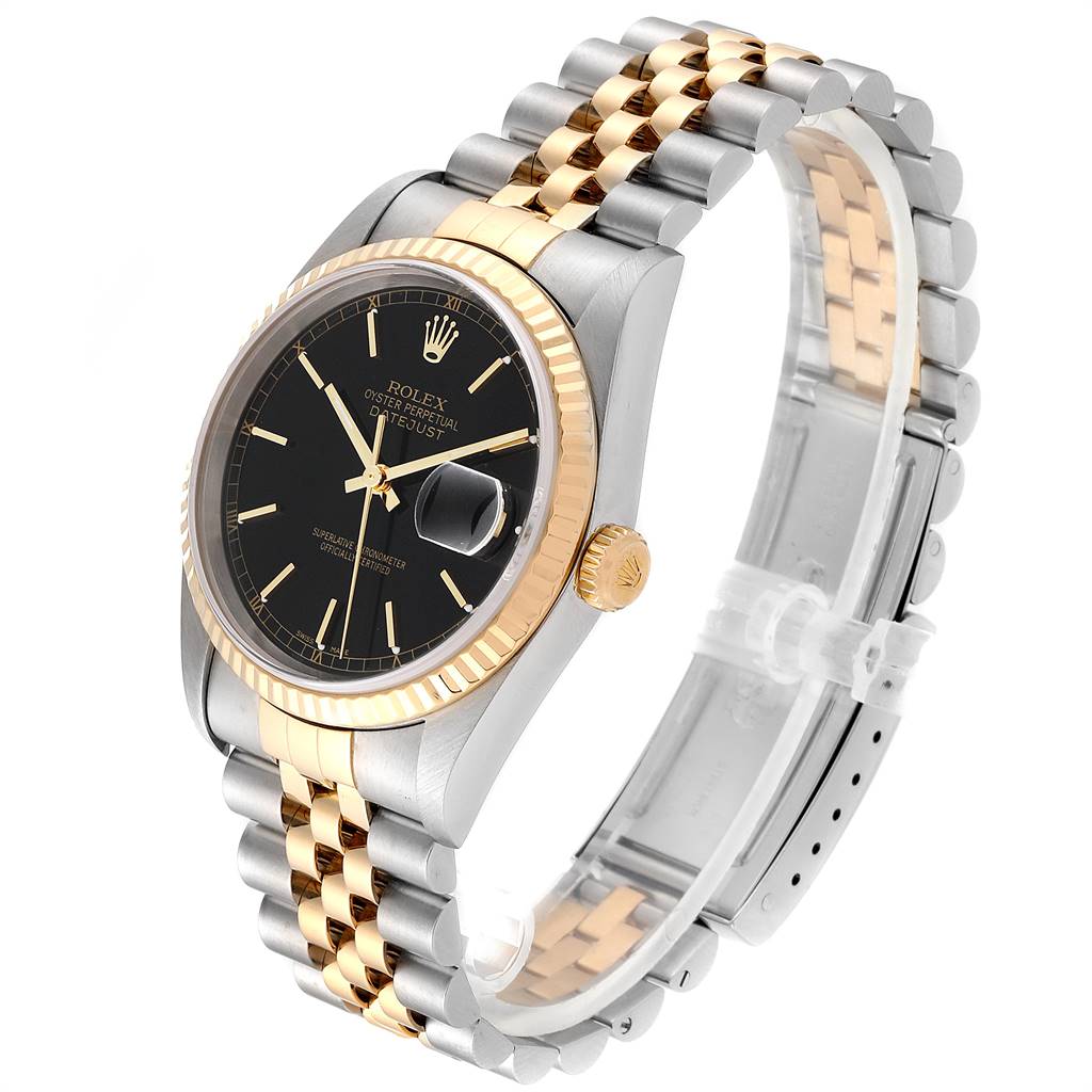 The Rolex Datejust 16233 Men
s Steel and Gold (two tone) Black Dial 16233 Men
s Steel and Gold (two tone) Black Dial watch is shown from an angled view highlighting the crown, black dial, fluted bezel, and Jubilee bracelet.