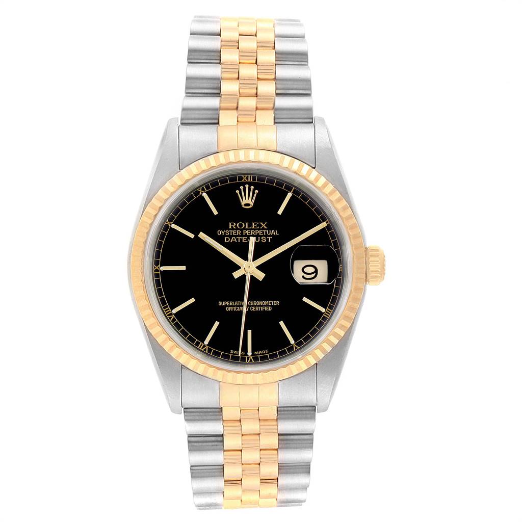 The image shows a Rolex Datejust 16233 Men
s Steel and Gold (two tone) Black Dial 16233 Men
s Steel and Gold (two tone) Black Dial watch from a straight-on angle, featuring a black dial, date window, and a two-tone bracelet.