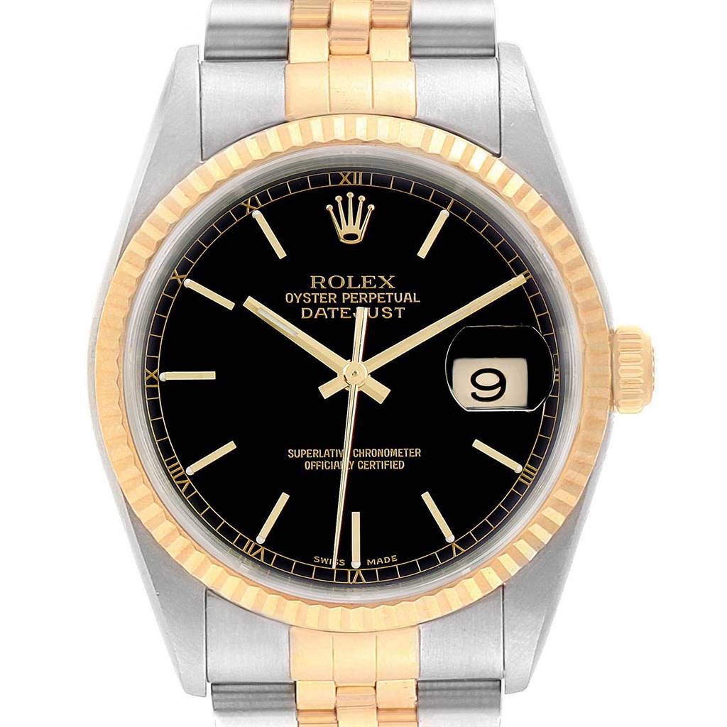 This image shows a front view of a Rolex Datejust 16233 Men
s Steel and Gold (two tone) Black Dial 16233 Men
s Steel and Gold (two tone) Black Dial watch, highlighting its black dial, gold fluted bezel, and two-tone bracelet.