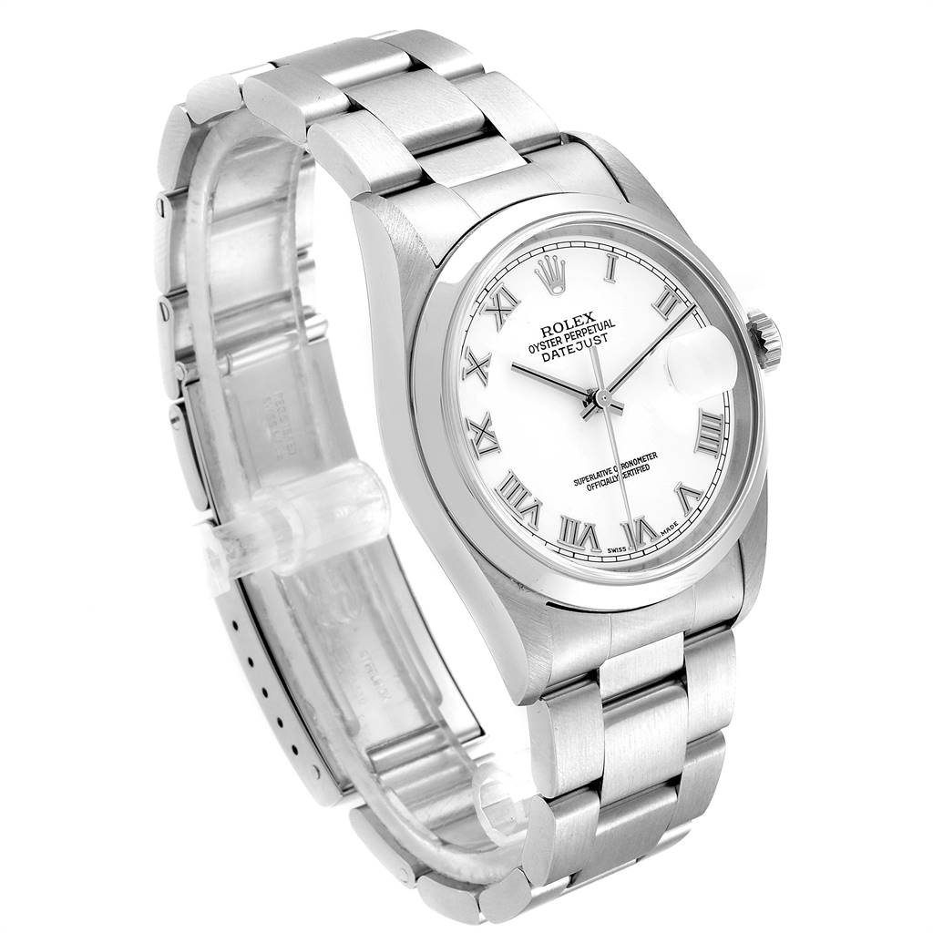 This image shows a Rolex Datejust 16200 Men's Stainless Steel White Dial 16200 Men's Stainless Steel White Dial watch at a side angle, displaying its bracelet, bezel, dial, and open clasp.