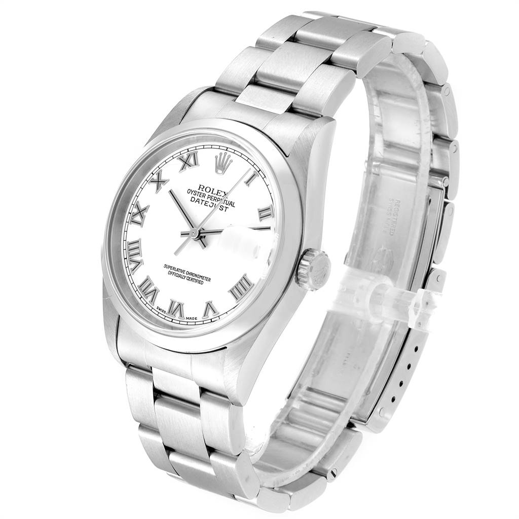 The image shows the front and side angles of the Rolex Datejust 16200 Men's Stainless Steel White Dial 16200 Men's Stainless Steel White Dial watch, displaying its white dial, bracelet, and crown.