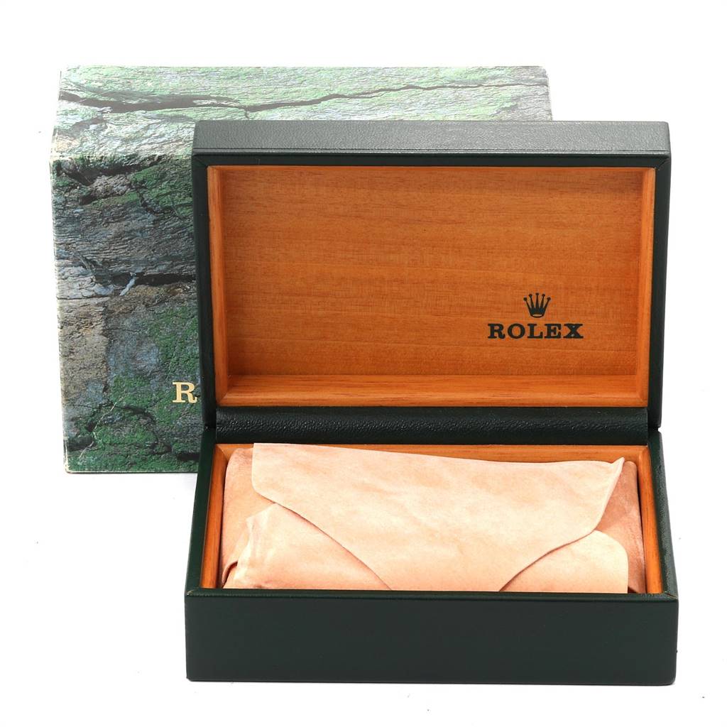 The image shows a Rolex Datejust 16200 Men's Stainless Steel White Dial 16200 Men's Stainless Steel White Dial watch box open, with a leather cover inside, revealing partial watch packaging.