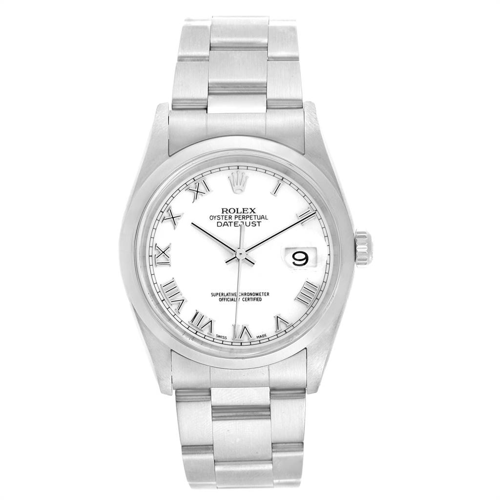 The image shows a front view of a Rolex Datejust 16200 Men's Stainless Steel White Dial 16200 Men's Stainless Steel White Dial watch, displaying its stainless steel bracelet, dial, and date window.