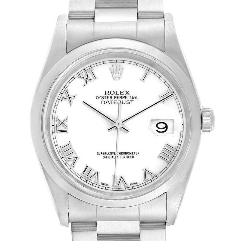 Rolex Datejust White Roman Dial Oyster Bracelet Steel Mens Watch 16200 SwissWatchExpo