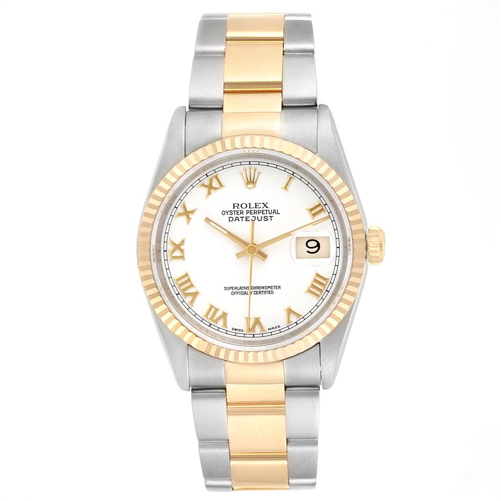 This Rolex Datejust 16233 Men's Steel and Gold (two tone) White Dial 16233 Men's Steel and Gold (two tone) White Dial watch is shown from the front, displaying the dial, bezel, crown, and the two-tone bracelet.