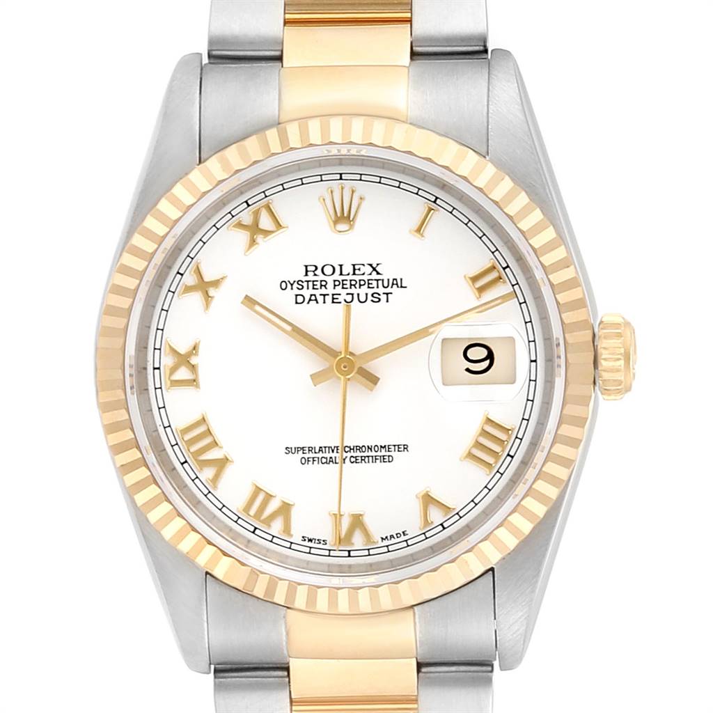 This image shows a Rolex Datejust 16233 Men's Steel and Gold (two tone) White Dial 16233 Men's Steel and Gold (two tone) White Dial watch from a frontal view, highlighting the face, bezel, and part of the bracelet.