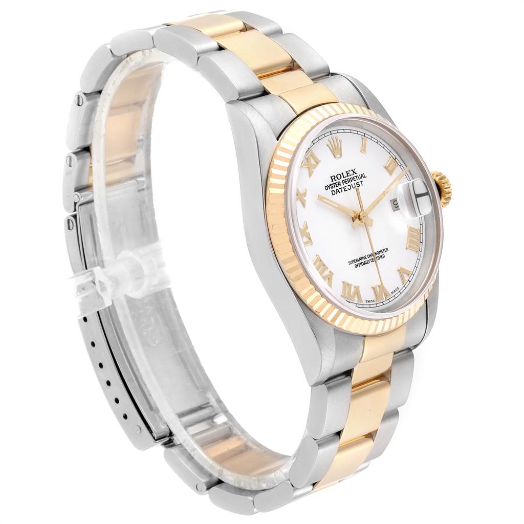 The image shows a side view of a Rolex Datejust 16233 Men's Steel and Gold (two tone) White Dial 16233 Men's Steel and Gold (two tone) White Dial watch, highlighting the face, bezel, crown, and two-tone bracelet.