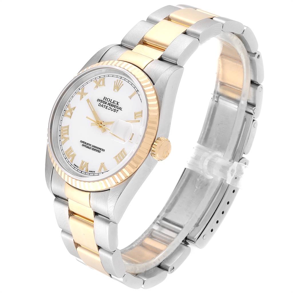 The image shows a Rolex Datejust 16233 Men's Steel and Gold (two tone) White Dial 16233 Men's Steel and Gold (two tone) White Dial watch at a slight angle, highlighting the face, bezel, crown, and two-tone Oyster bracelet.