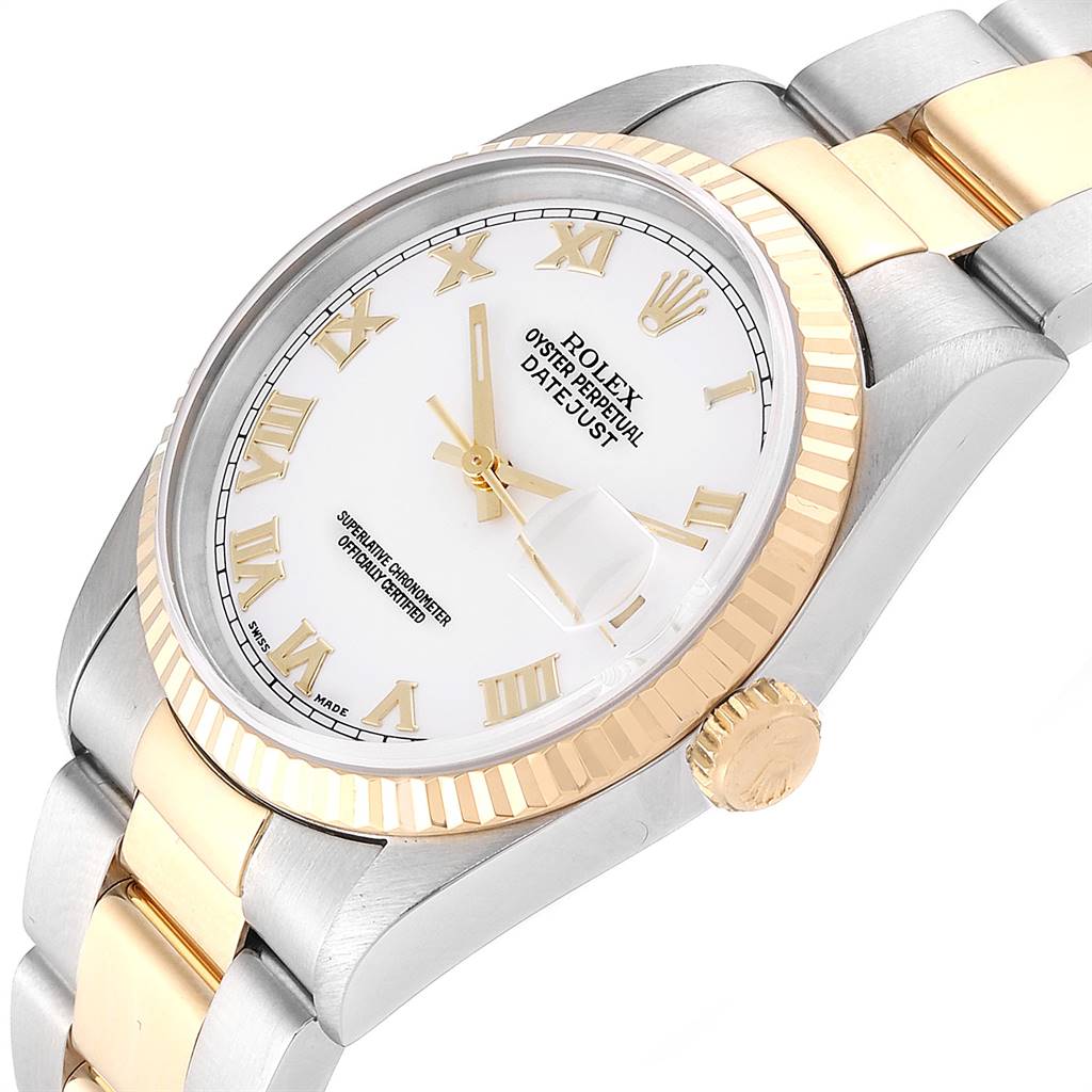 The image shows a side angle of a Rolex Datejust 16233 Men's Steel and Gold (two tone) White Dial 16233 Men's Steel and Gold (two tone) White Dial watch, featuring a two-tone bracelet, bezel, and white dial with Roman numerals.