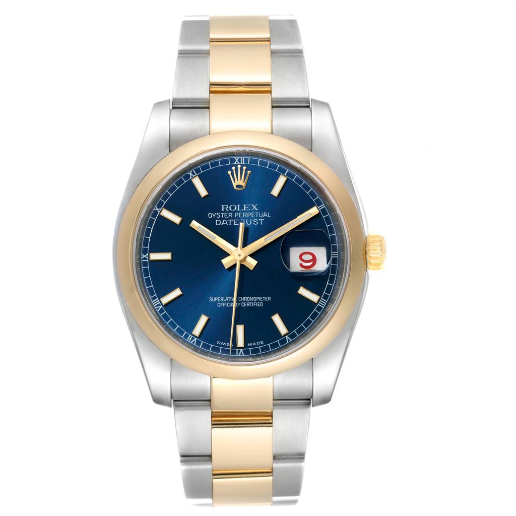 The image shows a front view of a Rolex Datejust 116203 Men
s Steel and Gold (two tone) Blue Dial 116203 Men
s Steel and Gold (two tone) Blue Dial watch with a blue dial, gold accents, and a two-tone bracelet.