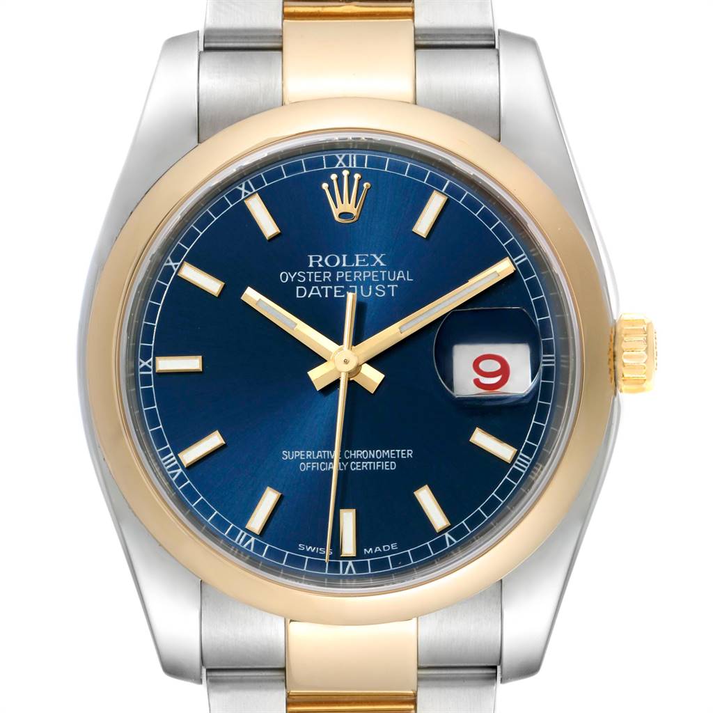 The image shows a Rolex Datejust 116203 Men
s Steel and Gold (two tone) Blue Dial 116203 Men
s Steel and Gold (two tone) Blue Dial watch from a front angle, highlighting the blue dial, date window, and two-tone bracelet.
