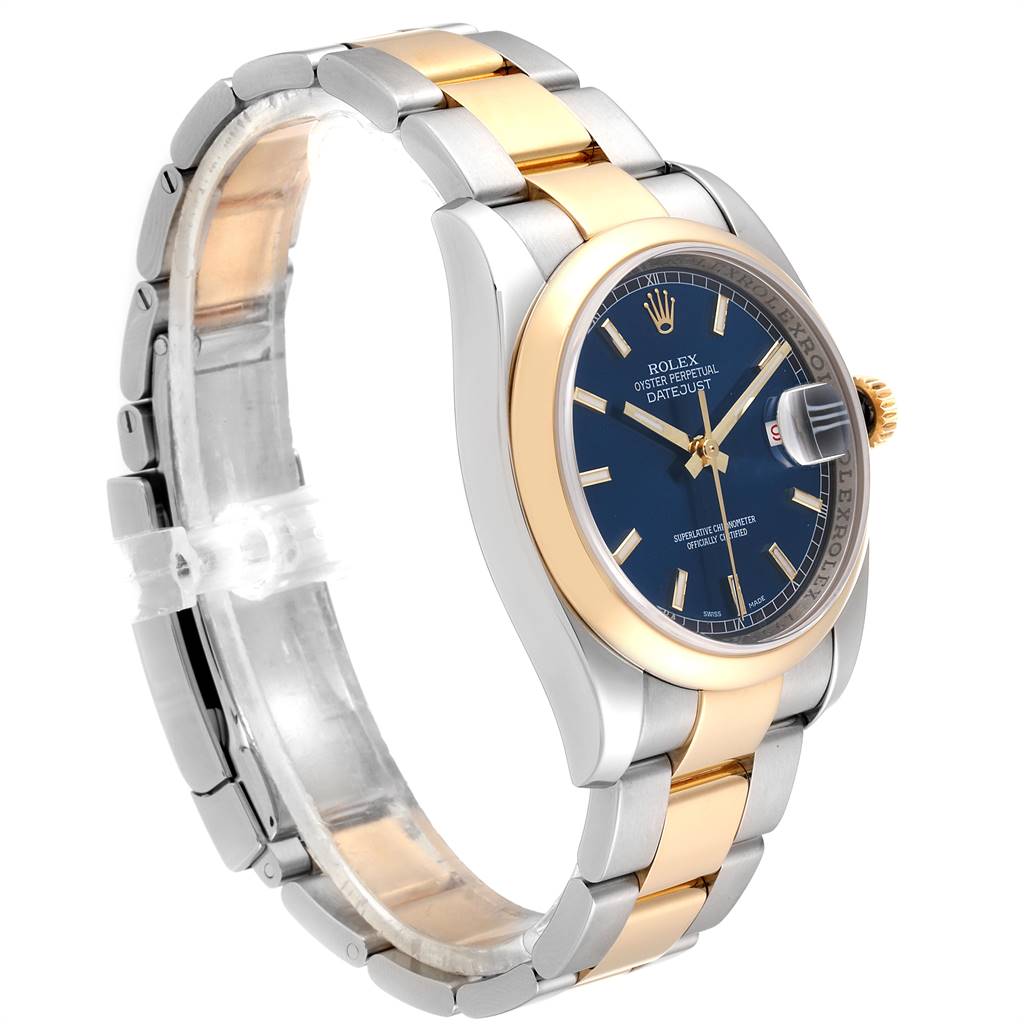 This image shows the Rolex Datejust 116203 Men
s Steel and Gold (two tone) Blue Dial 116203 Men
s Steel and Gold (two tone) Blue Dial watch model from a front-angle, showcasing its band, blue dial, and gold bezel.