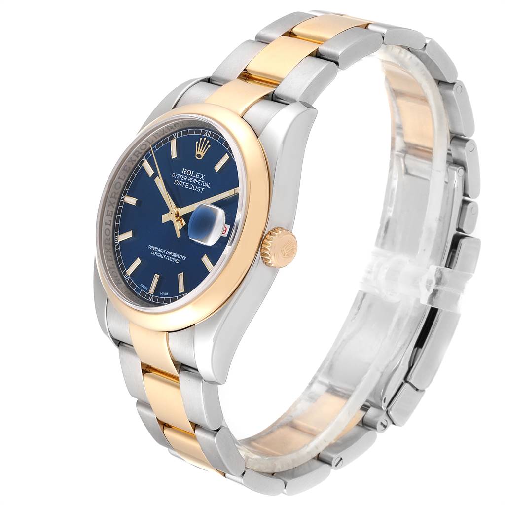 The Rolex Datejust 116203 Men
s Steel and Gold (two tone) Blue Dial 116203 Men
s Steel and Gold (two tone) Blue Dial watch is shown at an angle revealing the face, crown, and two-tone bracelet.