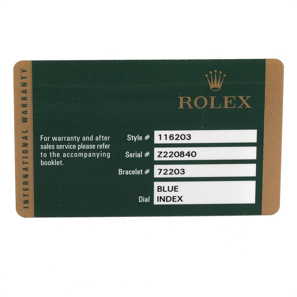 This image displays a warranty card for the Rolex Datejust 116203 Men
s Steel and Gold (two tone) Blue Dial 116203 Men
s Steel and Gold (two tone) Blue Dial model, indicating style, serial, bracelet numbers, and dial information.