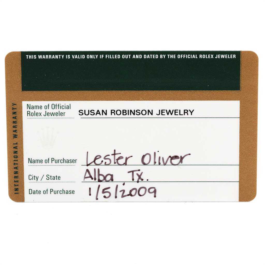 This image shows a Rolex warranty card for the Datejust model, detailing the official jeweler, purchaser, and purchase date.