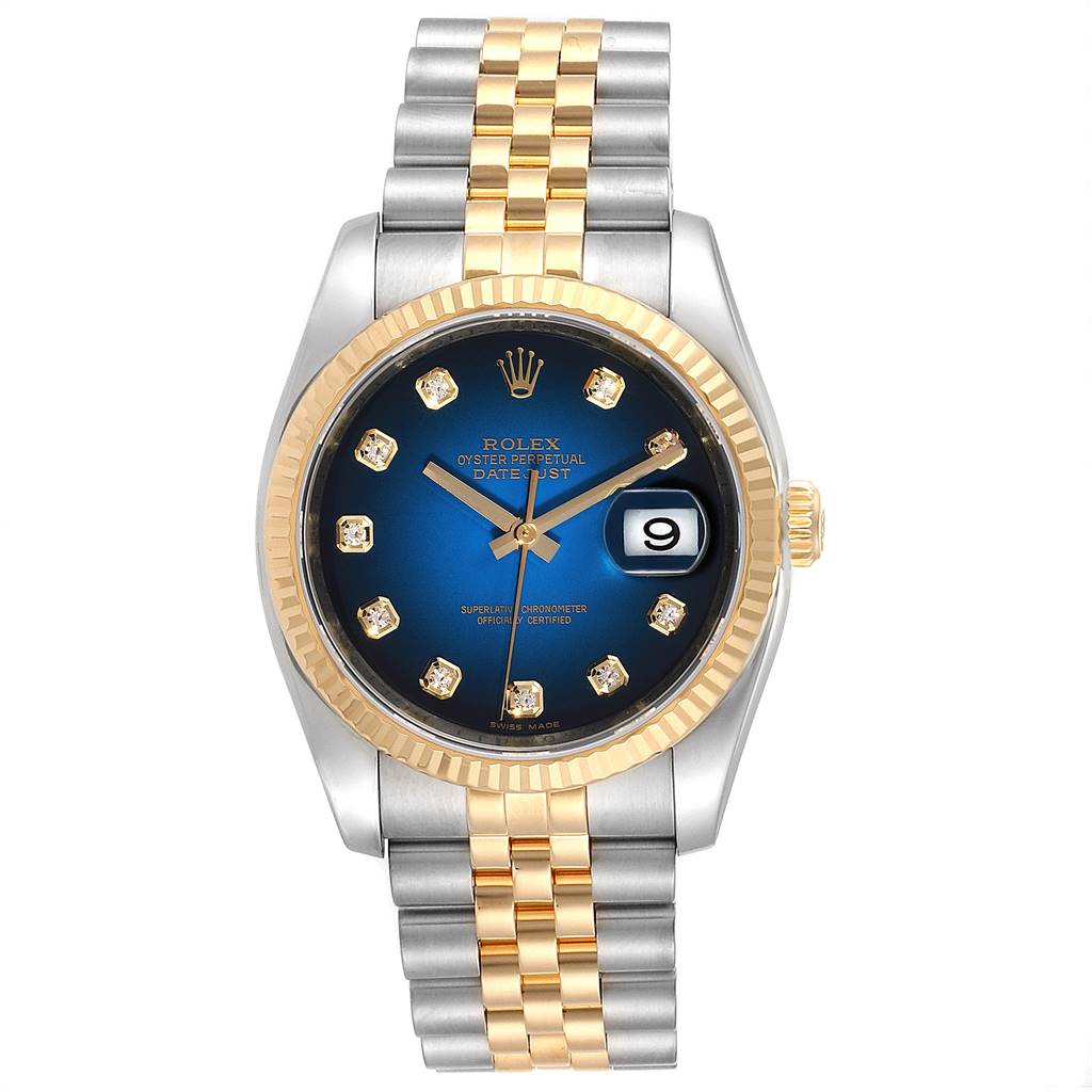 This Rolex Datejust 116233 Men
s Stainless Steel Blue Dial 116233 Men
s Stainless Steel Blue Dial watch is shown from a straight-on angle, displaying its jubilee bracelet and blue dial with diamond hour markers.