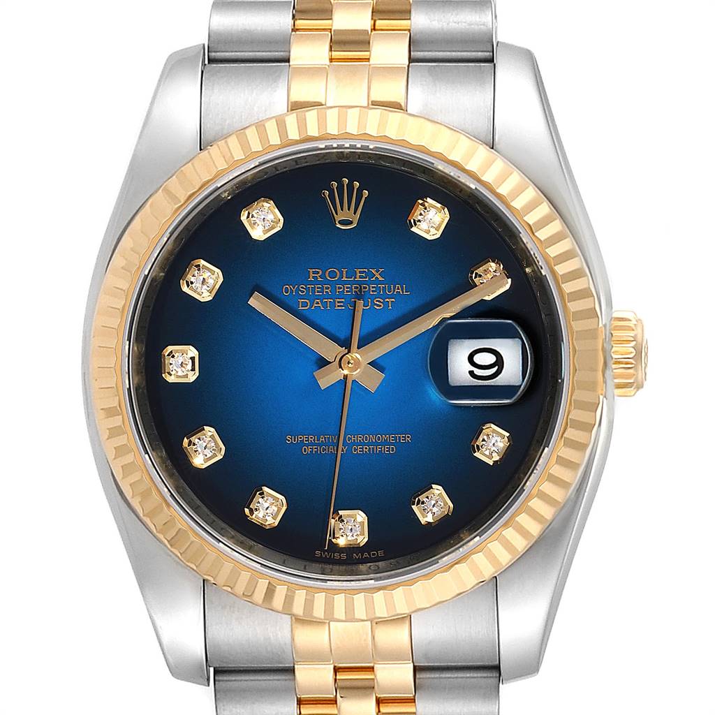 This image shows a front view of a Rolex Datejust 116233 Men
s Stainless Steel Blue Dial 116233 Men
s Stainless Steel Blue Dial watch, highlighting its gold fluted bezel, blue diamond dial, and two-tone bracelet.