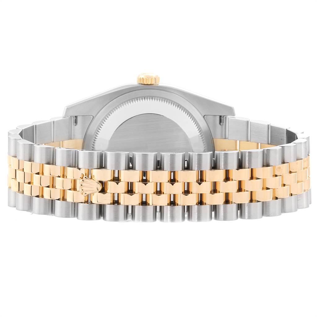 The image shows the back view of a Rolex Datejust 116233 Men
s Stainless Steel Blue Dial 116233 Men
s Stainless Steel Blue Dial watch, highlighting its two-tone bracelet and caseback.