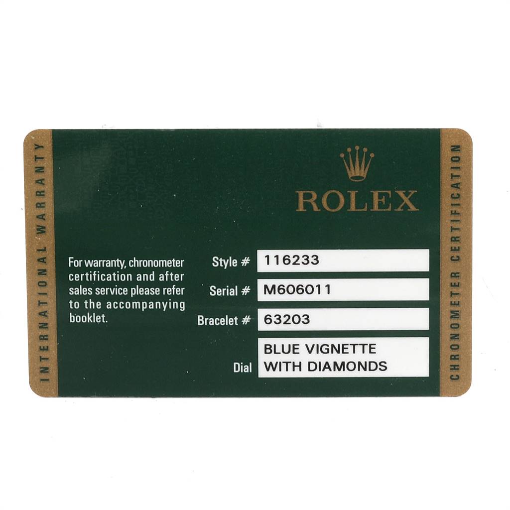 This image shows a Rolex Datejust 116233 Men
s Stainless Steel Blue Dial 116233 Men
s Stainless Steel Blue Dial warranty card detailing style, serial, bracelet numbers, and dial description.