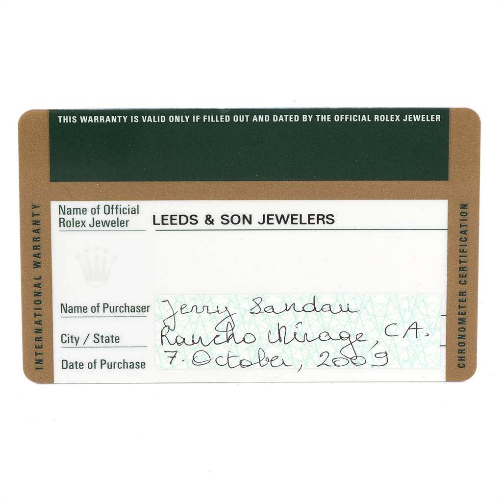 This image shows the warranty card for a Rolex Datejust 116233 Men
s Stainless Steel Blue Dial 116233 Men
s Stainless Steel Blue Dial watch, including details of the jeweler, purchaser, and purchase date.