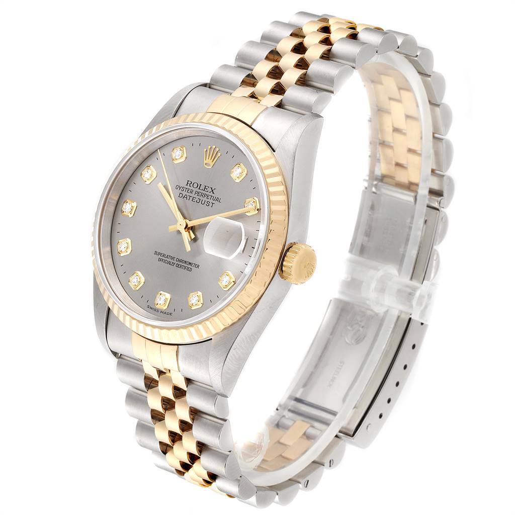 The Rolex Datejust 16233 Men's Steel and Gold (two tone) Silver Dial 16233 Men's Steel and Gold (two tone) Silver Dial watch is shown at a three-quarter angle, showcasing its face, bezel, and two-tone bracelet.
