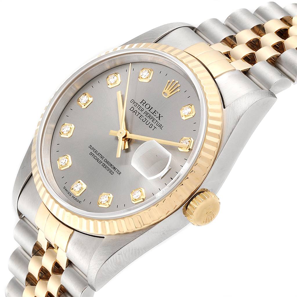 The image shows a Rolex Datejust 16233 Men's Steel and Gold (two tone) Silver Dial 16233 Men's Steel and Gold (two tone) Silver Dial watch at a slight angle, highlighting the dial, bezel, crown, and part of the bracelet.