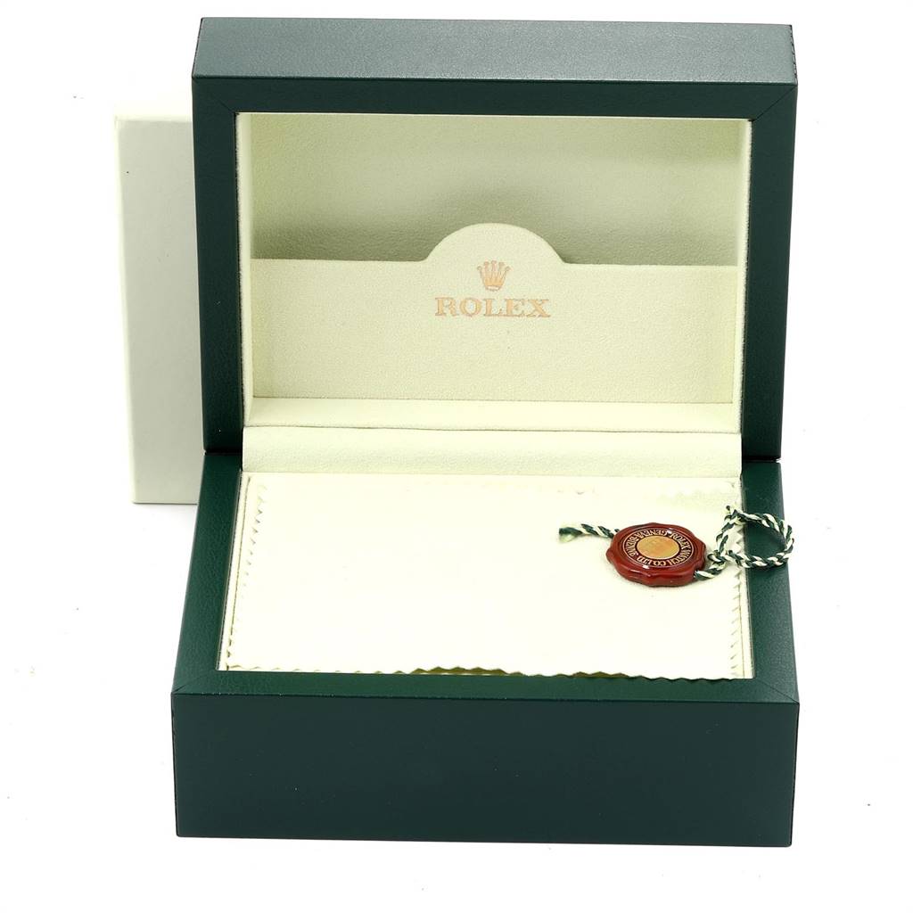 The image shows an open Rolex Datejust 16233 Men's Steel and Gold (two tone) Silver Dial 16233 Men's Steel and Gold (two tone) Silver Dial watch box with inner packaging and a seal tag, viewed from a slightly elevated angle.