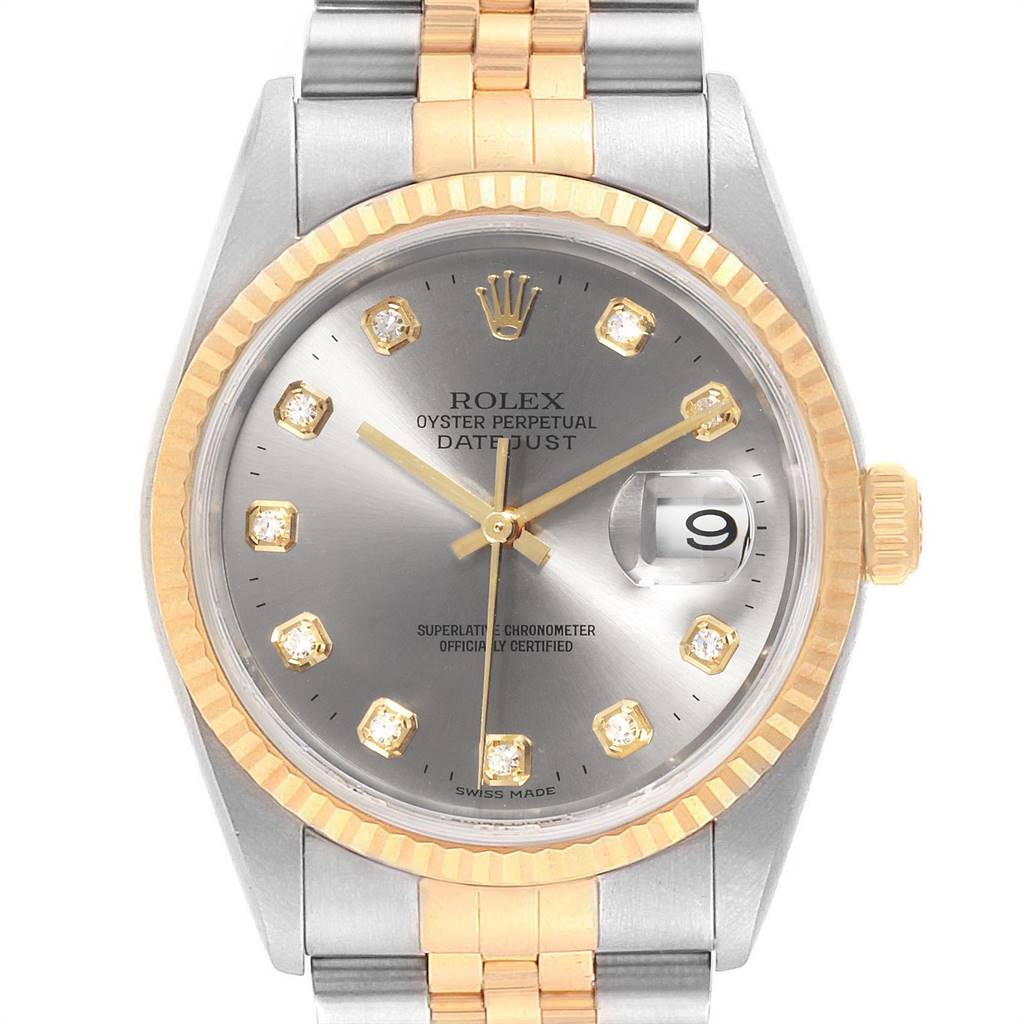 This image shows a Rolex Datejust 16233 Men's Steel and Gold (two tone) Silver Dial 16233 Men's Steel and Gold (two tone) Silver Dial watch from the front, displaying its dial, bezel, and part of the bracelet.