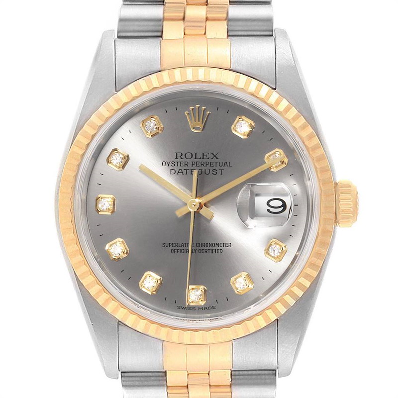 This image shows a Rolex Datejust watch from the front, displaying its dial, bezel, and part of the bracelet.