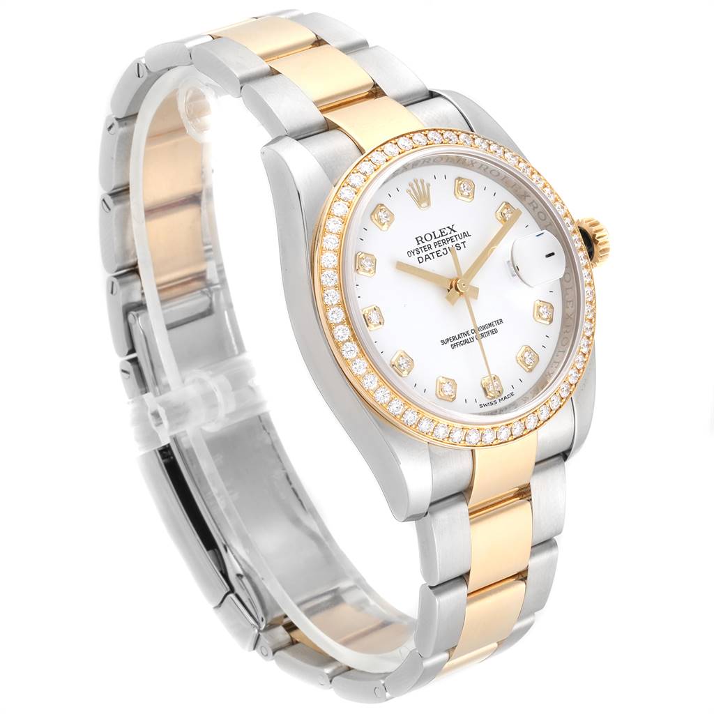 The image shows a Rolex Datejust 116243 Men's Stainless Steel White Dial 116243 Men's Stainless Steel White Dial watch at a slight angle, highlighting its two-tone bracelet, diamond bezel, and white dial.