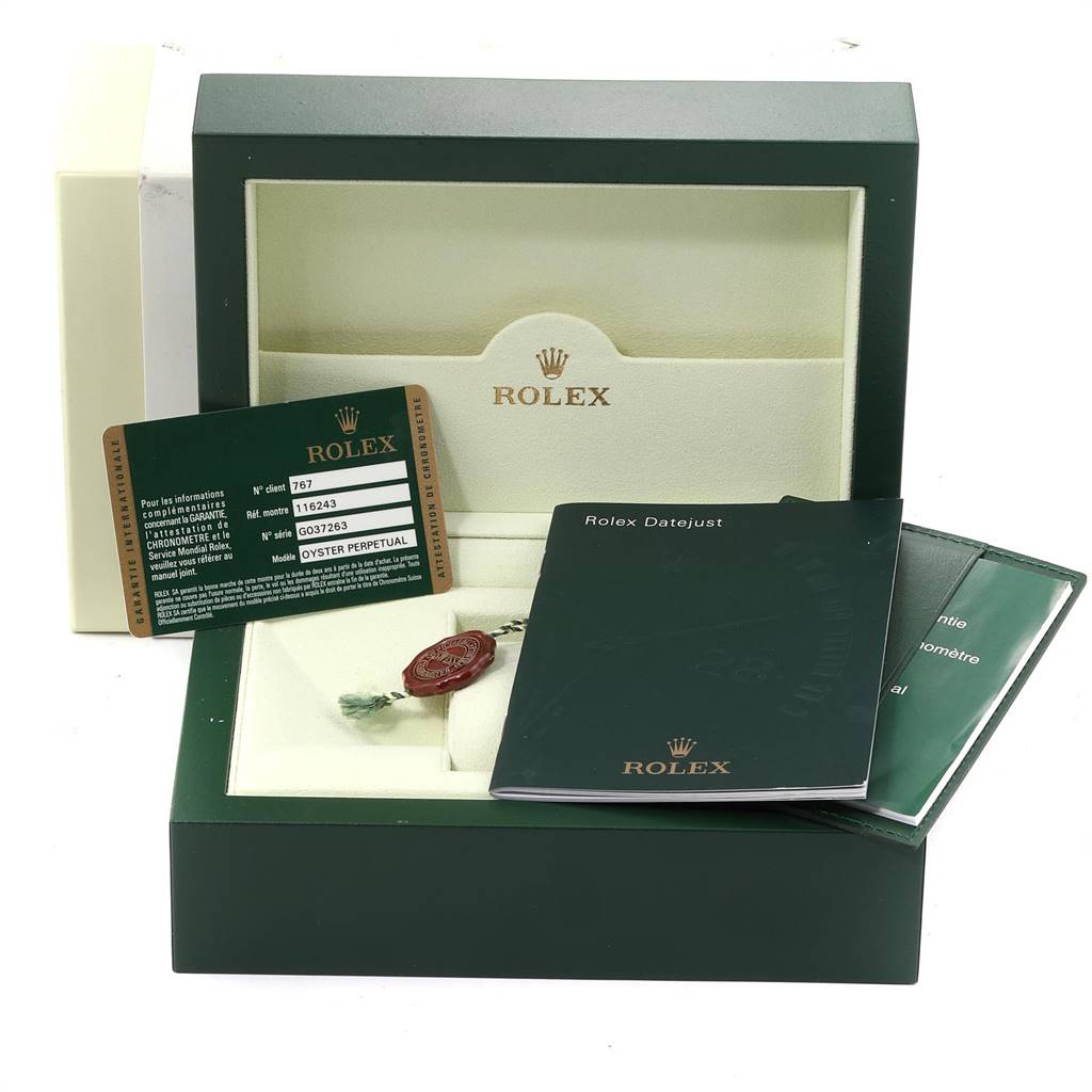 The image shows the packaging, warranty card, tag, and booklets for a Rolex Datejust 116243 Men's Stainless Steel White Dial 116243 Men's Stainless Steel White Dial watch.