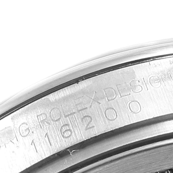 The image shows a close-up of the watch case with the engraved model number "16200" of the Rolex Datejust 116200 Men
s Stainless Steel Blue Dial 116200 Men
s Stainless Steel Blue Dial.