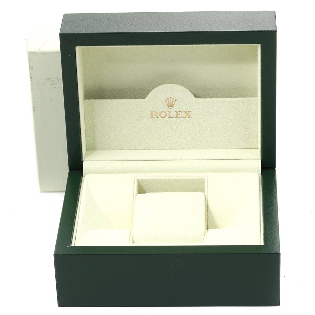 The image shows an open green Rolex Datejust 116200 Men
s Stainless Steel Blue Dial 116200 Men
s Stainless Steel Blue Dial watch box with compartments, displaying the brand logo inside the lid.