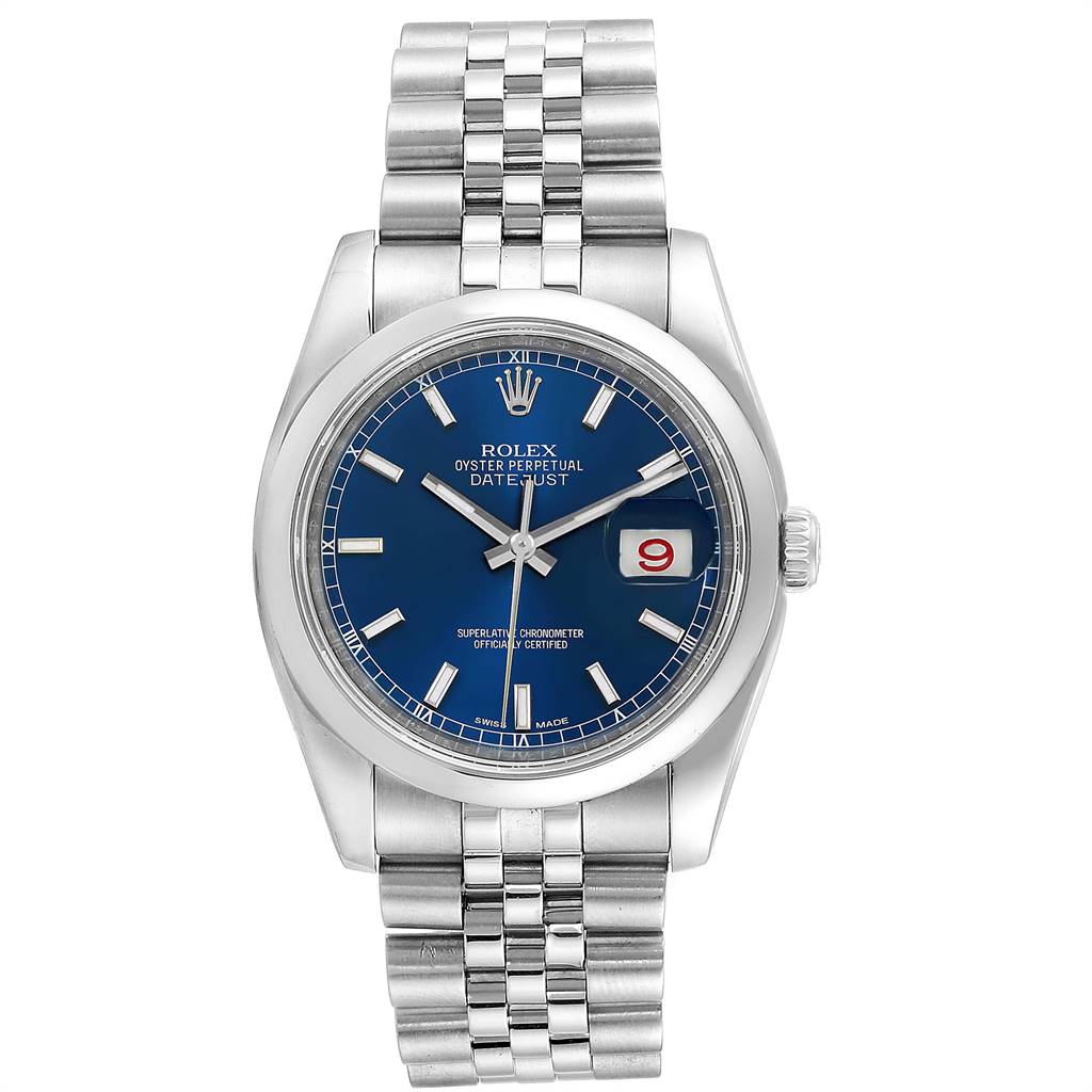This Rolex Datejust 116200 Men
s Stainless Steel Blue Dial 116200 Men
s Stainless Steel Blue Dial watch is shown from a top-down angle, showcasing its blue dial, date window, and stainless steel bracelet.