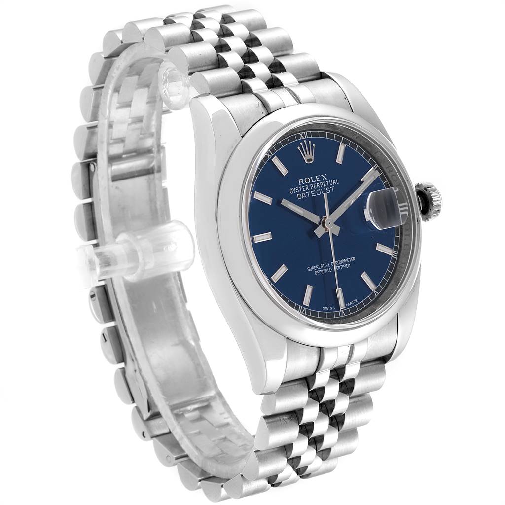 The image shows a Rolex Datejust 116200 Men
s Stainless Steel Blue Dial 116200 Men
s Stainless Steel Blue Dial watch at a three-quarter angle, highlighting the blue dial and jubilee bracelet.