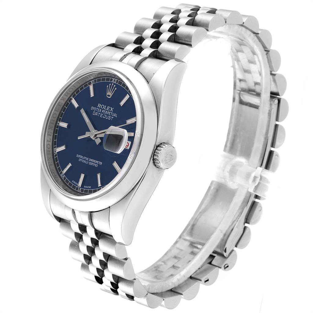 This image shows a Rolex Datejust 116200 Men
s Stainless Steel Blue Dial 116200 Men
s Stainless Steel Blue Dial watch from a three-quarter angle, showcasing the dial, bezel, crown, and bracelet.