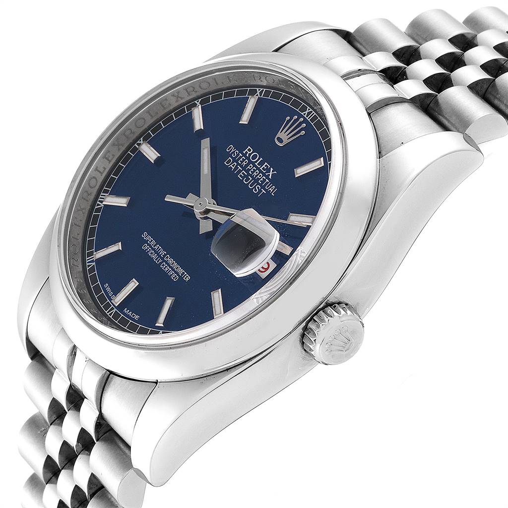 This image shows a Rolex Datejust 116200 Men
s Stainless Steel Blue Dial 116200 Men
s Stainless Steel Blue Dial watch angled from the front and slightly to the side, highlighting the blue dial and Jubilee bracelet.